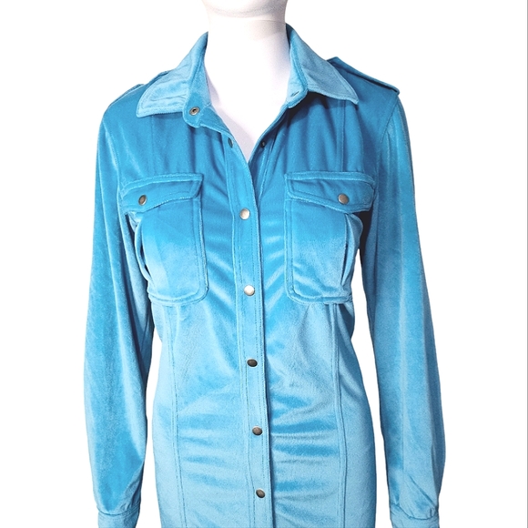 Together Vintage Aqua Velour Button down 80s Maxi Dress Excellent Condition SZ 4 - Picture 2 of 12